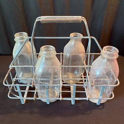 LOT#109D: Vintage Milk Bottles in Caddy