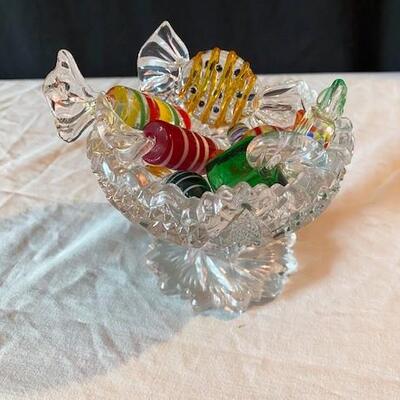 LOT#169L: Murano Style Candies in Cut Glass Bowl