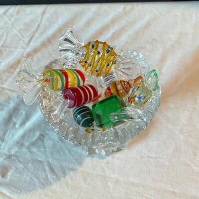 LOT#169L: Murano Style Candies in Cut Glass Bowl