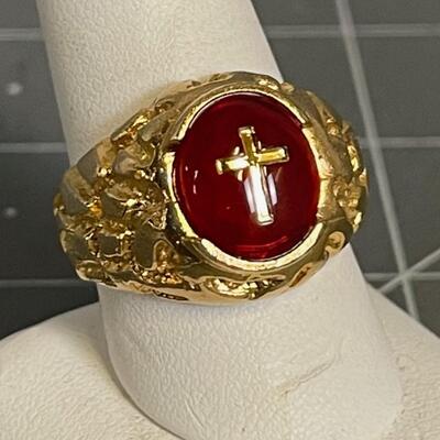 18KT GE Men's Nugget Cross Ring 