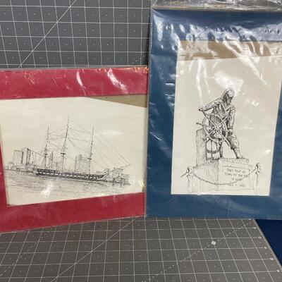 Sailing Ship Old Ironsides and Monument to Seafarers , Sailor Prints with Mats 
