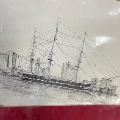 Sailing Ship Old Ironsides and Monument to Seafarers , Sailor Prints with Mats 