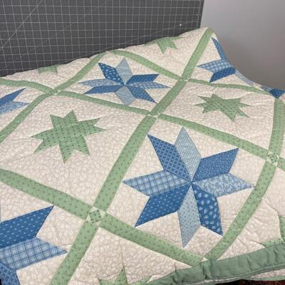 King Size Star Quilt Handcrafted Green/Blue/ Cream 