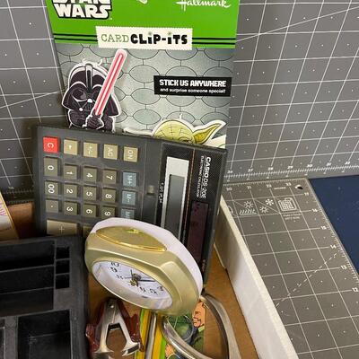Office Tray: Clock, Stapler, Supplies 