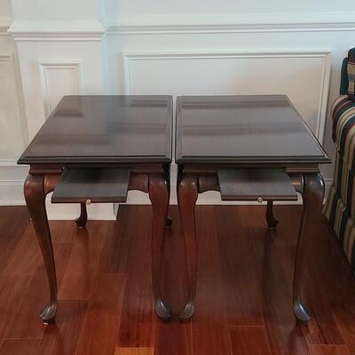 Lot 505: Pair Queen Anne Leg End Tables w/ Pull-Out Trays