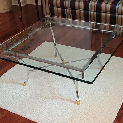 Lot 306: Hollywood Regency: Chrome with Gold Claw Feet, Glass Top Coffee Table