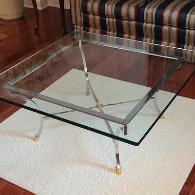 Lot 306: Hollywood Regency: Chrome with Gold Claw Feet, Glass Top Coffee Table