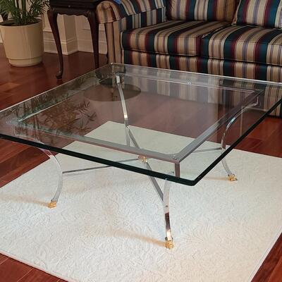 Lot 306: Hollywood Regency: Chrome with Gold Claw Feet, Glass Top Coffee Table