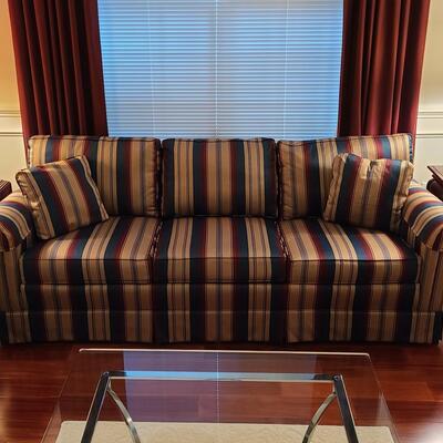 Lot 303: Sherrill Furniture: Three Cushion Multicolor Sofa #1 (Gold, Burgundy, Evergreen)