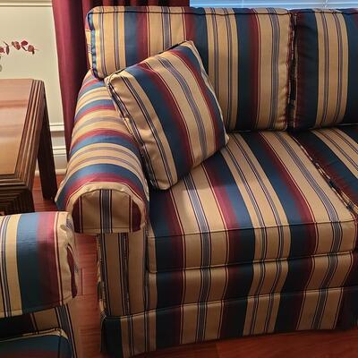 Lot 303: Sherrill Furniture: Three Cushion Multicolor Sofa #1 (Gold, Burgundy, Evergreen)