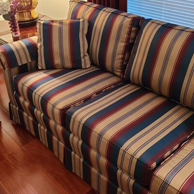 Lot 303: Sherrill Furniture: Three Cushion Multicolor Sofa #1 (Gold, Burgundy, Evergreen)