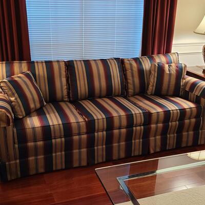 Lot 303: Sherrill Furniture: Three Cushion Multicolor Sofa #1 (Gold, Burgundy, Evergreen)