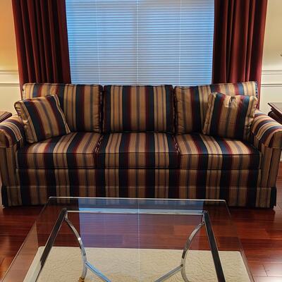 Lot 303: Sherrill Furniture: Three Cushion Multicolor Sofa #1 (Gold, Burgundy, Evergreen)