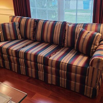 Lot 303: Sherrill Furniture: Three Cushion Multicolor Sofa #1 (Gold, Burgundy, Evergreen)