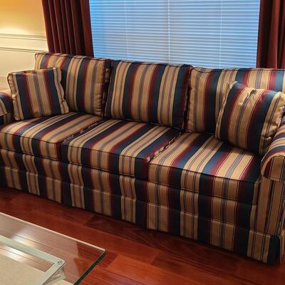 Lot 303: Sherrill Furniture: Three Cushion Multicolor Sofa #1 (Gold, Burgundy, Evergreen)