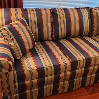 Lot 303: Sherrill Furniture: Three Cushion Multicolor Sofa #1 (Gold, Burgundy, Evergreen)