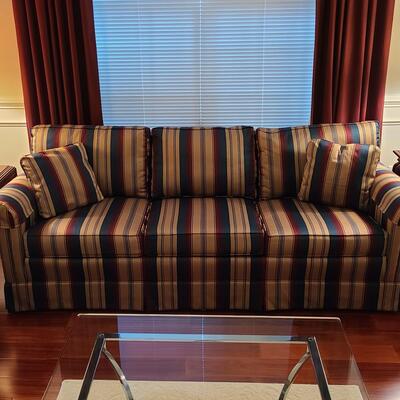 Lot 303: Sherrill Furniture: Three Cushion Multicolor Sofa #1 (Gold, Burgundy, Evergreen)