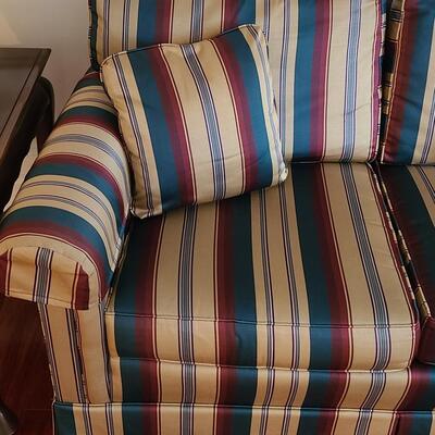 Lot 302: Sherrill Furniture: Three Cushion Multi-Color Sofa #2 (Golds, Burgundy, Evergreens)