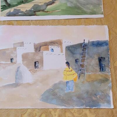 Lot 262: (3) Original Watercolors - Artist Unknown-  One Painting is double sided