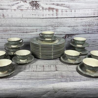 Castleton China Grey Pink Floral Lace Dish Set 47 pieces