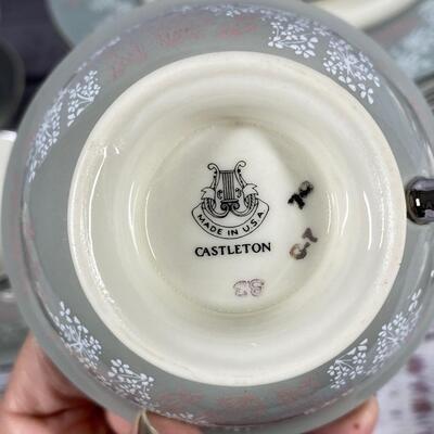 Castleton China Grey Pink Floral Lace Dish Set 47 pieces