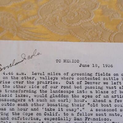 Lot 308: Antique 1936 Colorado to Mexico Travel Letter Ephemera