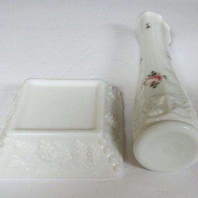 Vintage Westmoreland Paneled Grape Ash Tray and Painted Bud Vase