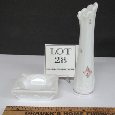 Vintage Westmoreland Paneled Grape Ash Tray and Painted Bud Vase