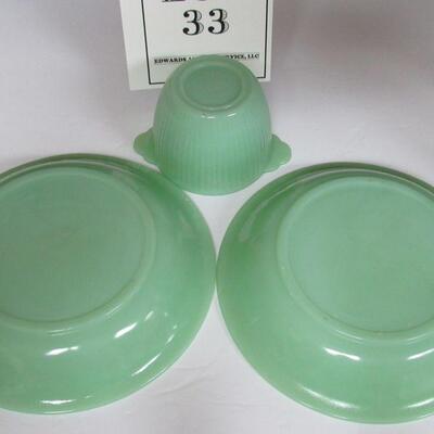 3 Fire King Jane Ray Jadite Pieces, 2 Soup Bowls, 1 Sugar Bowl