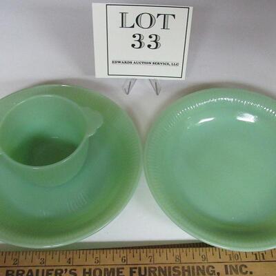 3 Fire King Jane Ray Jadite Pieces, 2 Soup Bowls, 1 Sugar Bowl