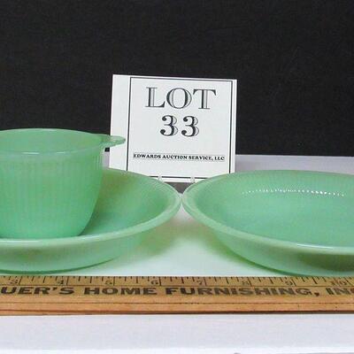 3 Fire King Jane Ray Jadite Pieces, 2 Soup Bowls, 1 Sugar Bowl