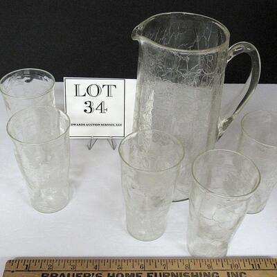 Unusual Style Vintage Crackle Glass Pitcher and Tumblers