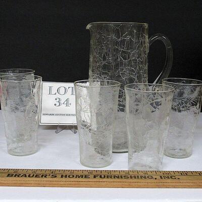 Unusual Style Vintage Crackle Glass Pitcher and Tumblers