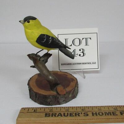 Carved Yellow Finch Figurine, Signed on Bottom, I Think Resin on Wood Base