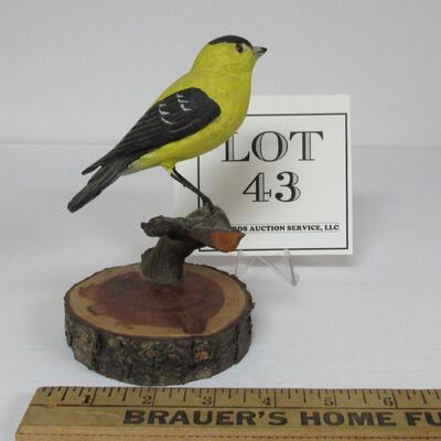 Carved Yellow Finch Figurine, Signed on Bottom, I Think Resin on Wood Base