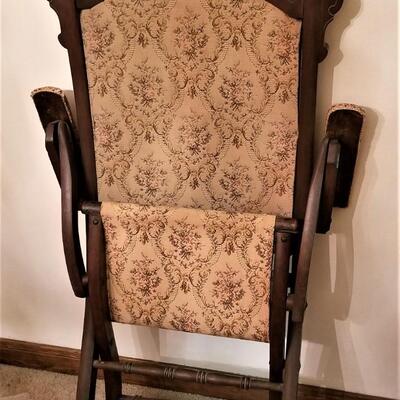 Lot #334 Antique Fold Up upholstered Chair