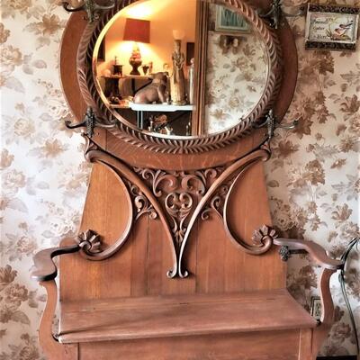 Lot #337  Antique Oak Hall Tree - a real beauty!