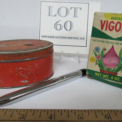 Lot of Vintage Advertising Smalls, Mellomints Tin, Vigoro Plant Food Box, and Pen Shaped Light, Eveready