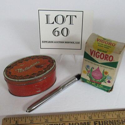 Lot of Vintage Advertising Smalls, Mellomints Tin, Vigoro Plant Food Box, and Pen Shaped Light, Eveready
