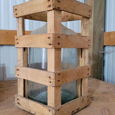 Lot 21: Vintage Heavy Glass Jug w/ Wooden Crate Protective Case Farmhouse Display