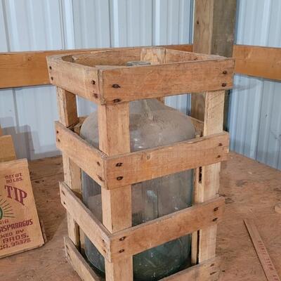 Lot 21: Vintage Heavy Glass Jug w/ Wooden Crate Protective Case Farmhouse Display