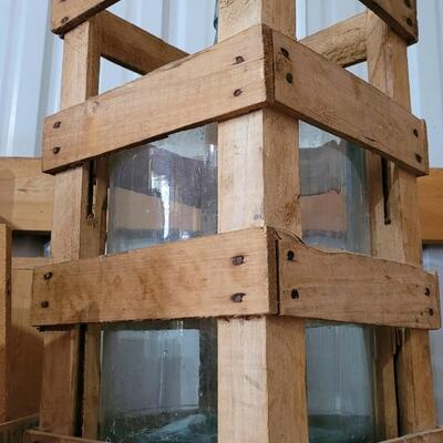 Lot 21: Vintage Heavy Glass Jug w/ Wooden Crate Protective Case Farmhouse Display