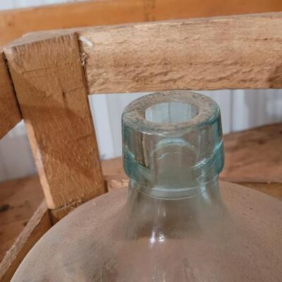 Lot 21: Vintage Heavy Glass Jug w/ Wooden Crate Protective Case Farmhouse Display