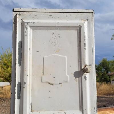 Lot 41: Vintage Small Farmhouse White Chippy Paint Storage Cabinet w/ Locking Twist Handle