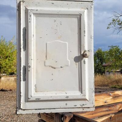 Lot 41: Vintage Small Farmhouse White Chippy Paint Storage Cabinet w/ Locking Twist Handle