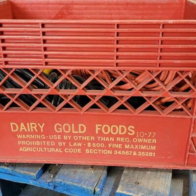 Lot 54: Vintage Plastic Milk Crate w/ Outdoor Extension Cord Assortment