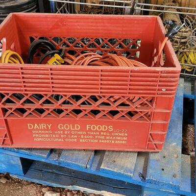 Lot 54: Vintage Plastic Milk Crate w/ Outdoor Extension Cord Assortment