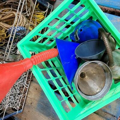 Lot 56: Neon Green Plastic Milk Delivery Crate FILLED with Assorted Funnels