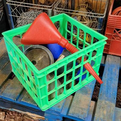 Lot 56: Neon Green Plastic Milk Delivery Crate FILLED with Assorted Funnels