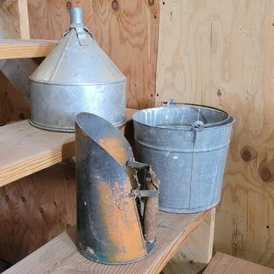 Lot 61: Vintage Farmhouse Farm Accessories - Pitcher, Metal Pail and Funnel